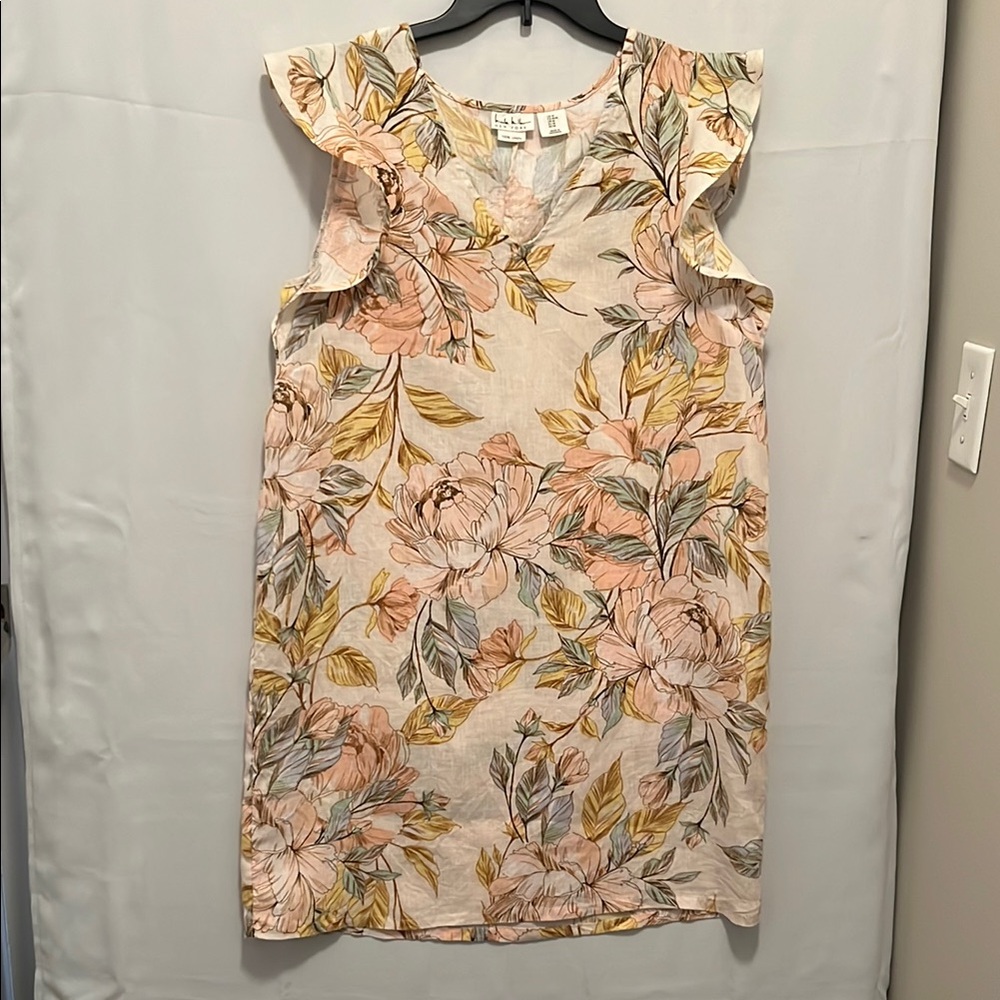 Nicole Miller 100% Linen Shift Dress Pastel Floral Design USED knee length/mini